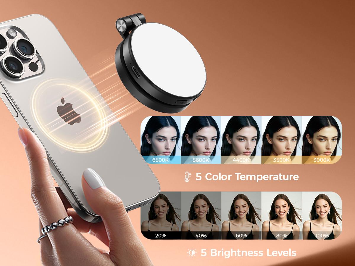 2026 New 3 in 1 Three-level brightness adjustable magnetic circular LED selfie fill light, rechargeable, foldable, with phone holder and mirror, compatible with various mobile phones, suitable for Vlog / live streaming fill light.