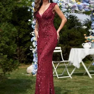Beautiful women's clothing Sleeveless V-Neck Sequined Long Dress for Women, Fashionable Solid Color Fishtail Party Dress