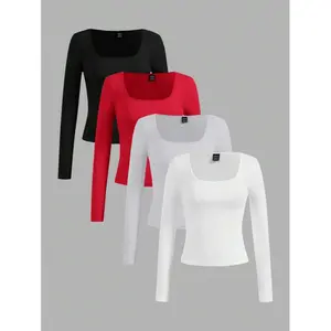 Ustar Essence 4-Pack Casual Solid Color Versatile Square Neck Long Sleeve T-Shirt for Women Spring Summer