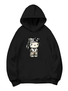 SANRIO Women's Hello Kitty 260g Polyester-Cotton Hoodie Long Sleeve Casual Autumn Top Classic Graphic Design Black