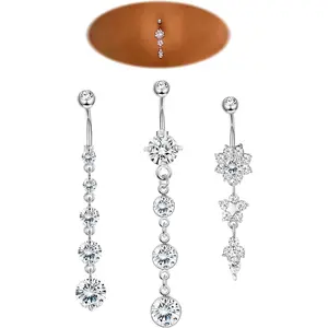 MILACOLATO 3-6Pcs 14G 316L Stainless Steel Belly Button Rings for Women Flower CZ Dangle Belly Button Rings Navel Piercing Jewelry