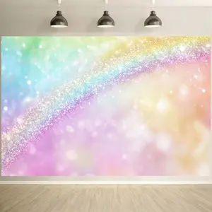 A Single Piece of Backdrop Showcasing a Shimmering Pastel Rainbow, Ideal for Joyful Events Such As Birthdays And Celebrations. This Party Background Is Made of Polyester Fabric And Comes in Various Sizes