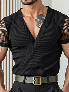 INCERUN Men's Casual Cross-Neck Patchwork Mesh Design Solid Color Polyester T-Shirt, Summer Daily Wear, Comfortable and Stylish, Perfect for Everyday Use