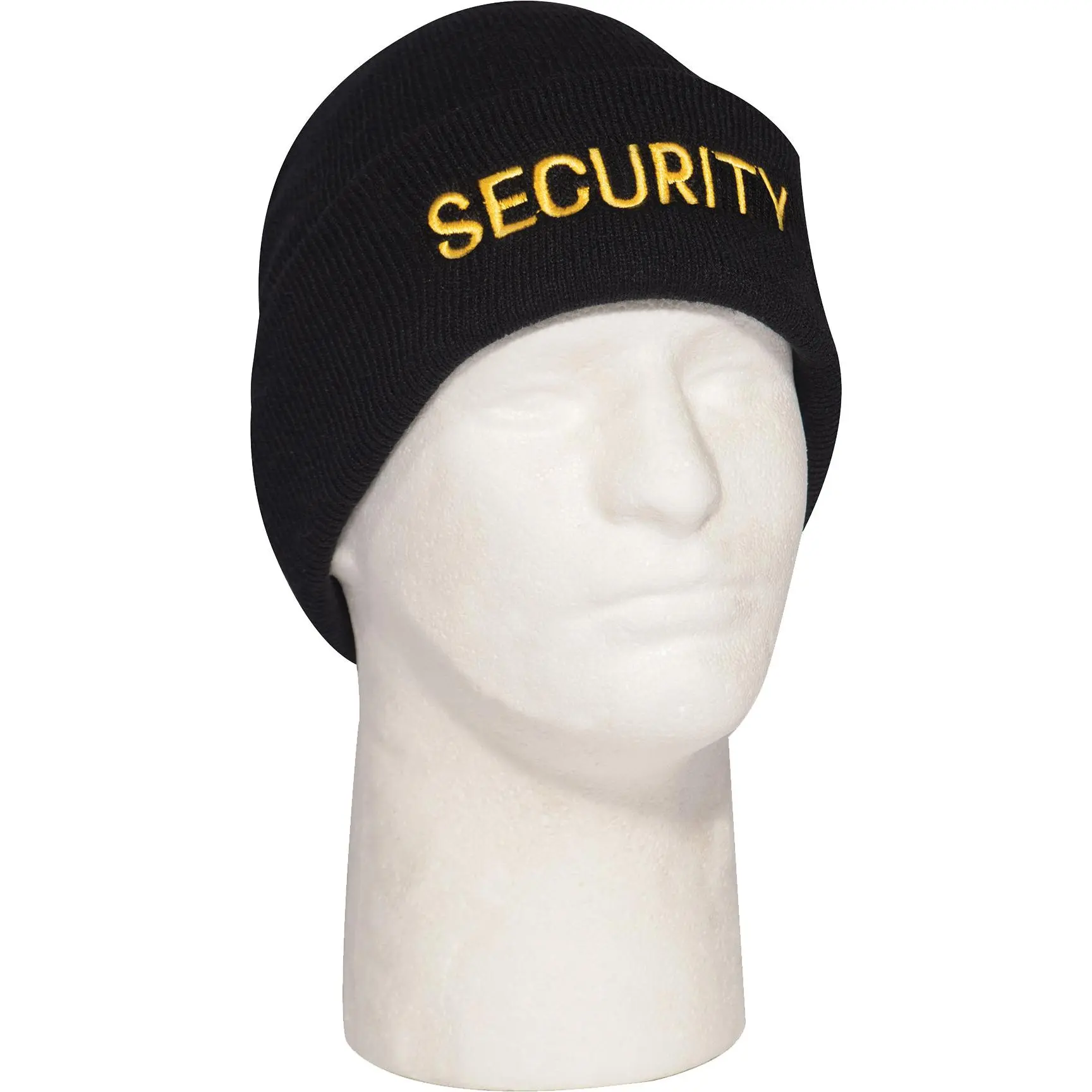 Black Embroidered Security Beanie - Gold Text Acrylic Knit Warm Hat, Casual, Lightweight, Unisex One Size Fits Most for Adults, Public Safety Personnel Cold Weather Accessory