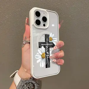 MagSafe-Ready Magnetic Smartphone Case for iPhone 11/12/13/14/15/16 & Pro Max, Daisies Cross Design, Aesthetic Ultra-Thin Lightweight TPU Cover, Shockproof Anti-Fall Smartphone Protection Accessory for Everyday Use