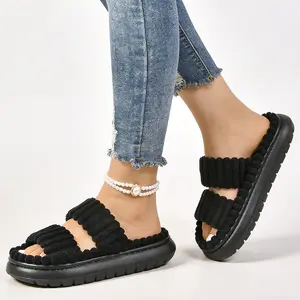 Women's Plush Winter Slippers with Two Strap Cozy Open-Toe House Soft Double-strap Furry Flat Shoes Comfortable Warm Home Floor Slippers for Indoor Outdoor Use