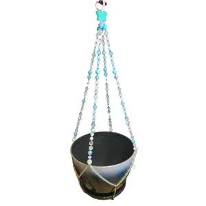 Blue Plant Hanger with Beaded Design -Butterfly- for Hanging Pots and Planters Organiser Hangable Decorative