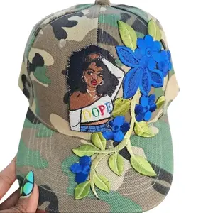 Dope Girl Camouflage Baseball Cap for Women Unisex Fitted Cap for Women| Featuring Bright Blue Flowers and Beautiful Black Women Patch