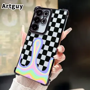 Checkered Rainbow Melt Pattern Phone Case Suitable for Samsung Galaxy S26 S23 Ultra S24 Plus S25 S22+ FE Edge Four Corner Air Cushion Anti Drop Transparent Full Coverage Cover