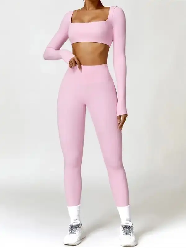 Two-piece Set Women's Solid Long Sleeve Crop Top & High Waist Leggings Tracksuit Set, Sporty Quick-dry Outfits for Yoga Gym Workout Running, Ladies Sportswear Activewear for All Seasons, Valentine's Day Gift, Fall Outfits 2024 Fall Outfits Tracksuits