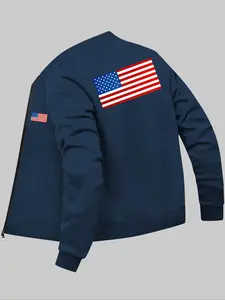 Men's American Flag Print Pocket Zip Up  Bomber Jacket, Regular Fit Casual Long Sleeve Mock Neck Outerwear for Fall & Winter, Men's Clothes for Daily Wear