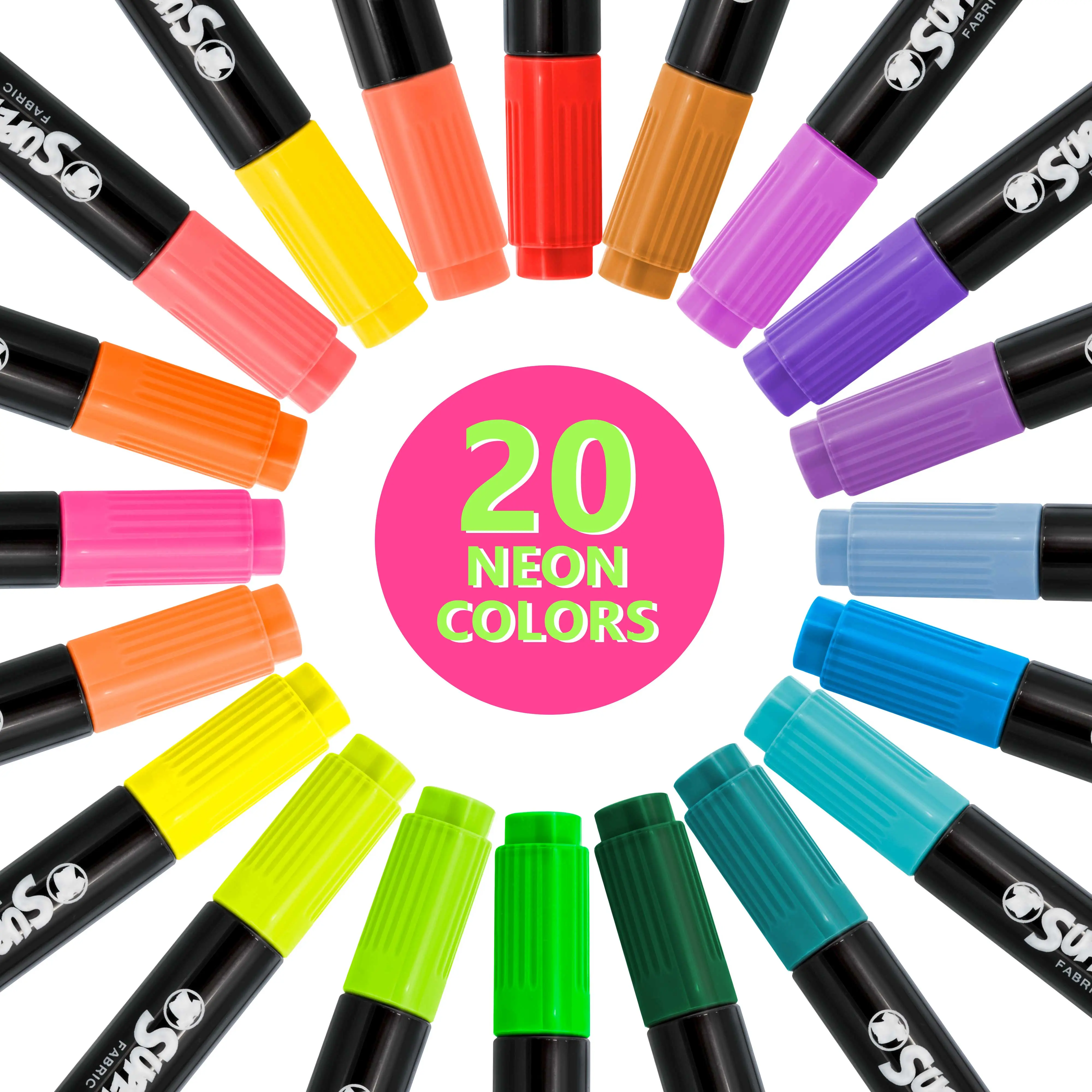 Super Markers 20 Neon Dual Tip Fabric Markers - Fine & Chisel Point Pens Fabric Marker Permanent for Clothes, T-Shirts - Permanent Ink Eye-Catching Ultra-Bright Neon Colors