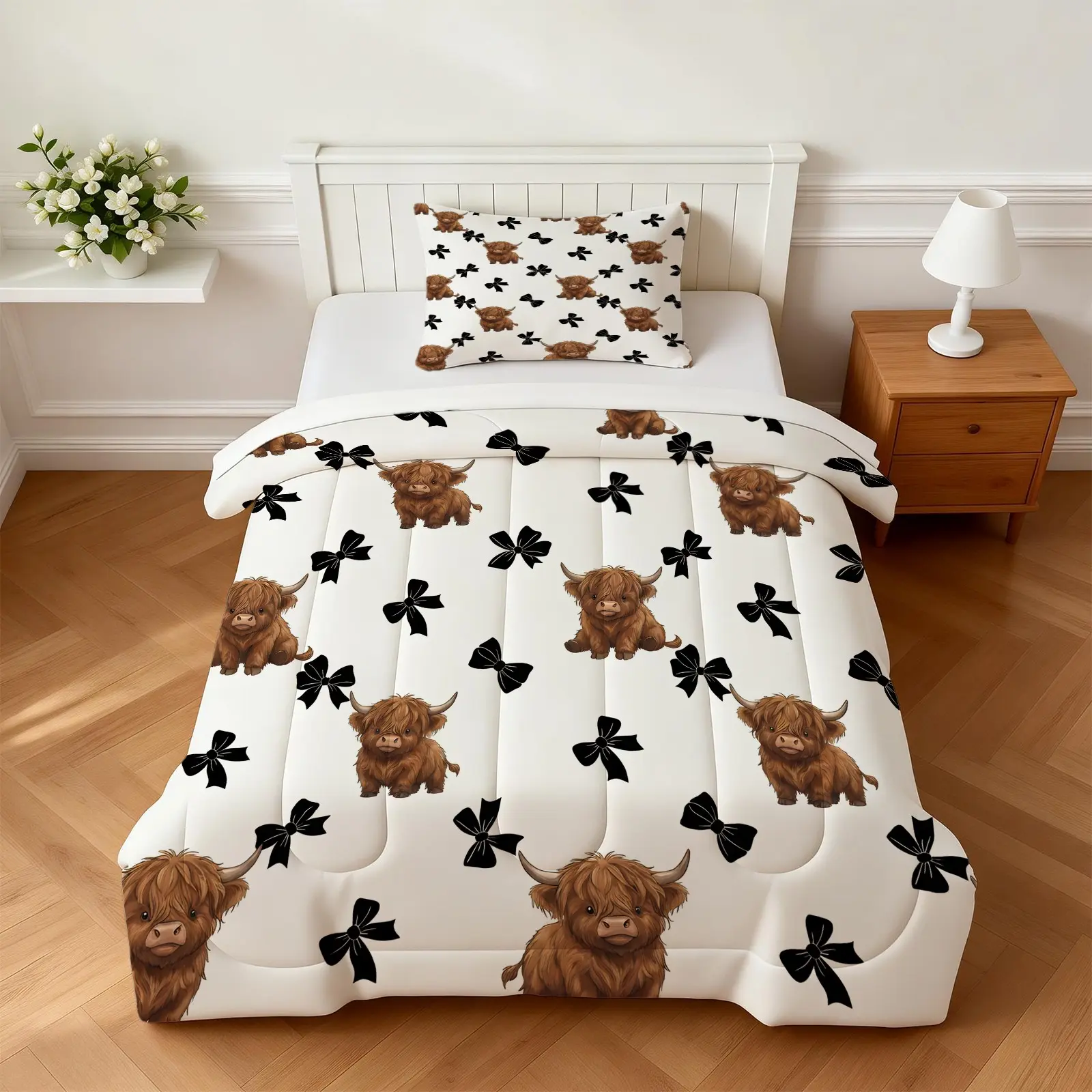 2/3Pcs American Western Highland Cow Comforter Set, Cute Cartoon Design, Create A Comfortable Cozy Summer Sleep Environment (With Filling, No Pillow Inserts)