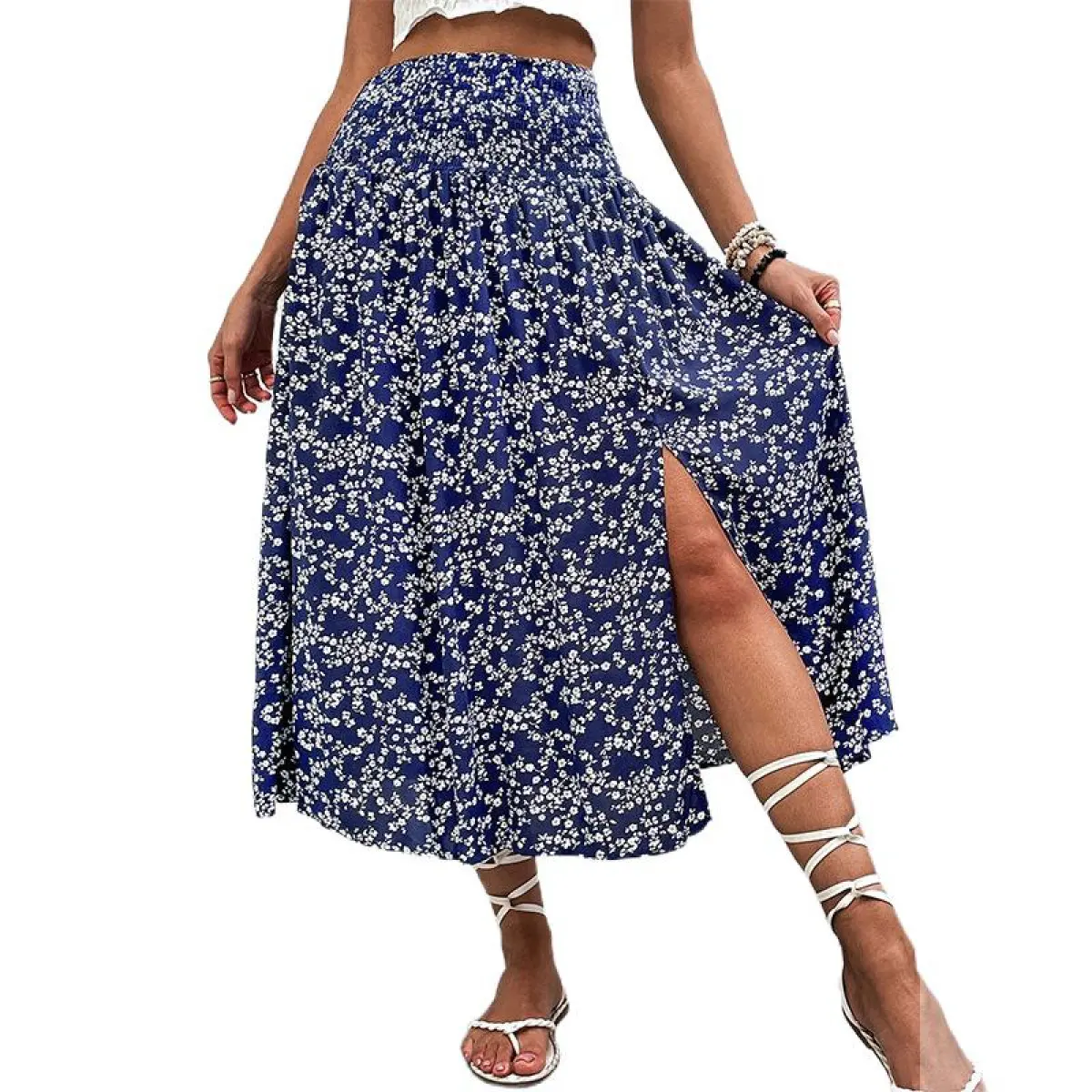 Plus Size Tiered Skirt for Women, Sweet Ditsy Plant Print, Romantic Mid-Length Bottoms with a Flowy Ruffle Hem, Plants, Ditsy Floral, Floral Print, Sky, Tiered Flowy, Mesmerizing Movement, Layered, Normal Type, Loose-Fitting, Lady, Bohemian