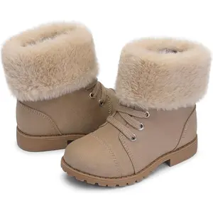 Girls Winter Boots Warm Faux Fur Lined Suede Ankle Boots with Lace-Up & Zipper, Rubber Sole Square Toe, Lightweight Comfortable Shoe for Cold Weather Outdoor Wear