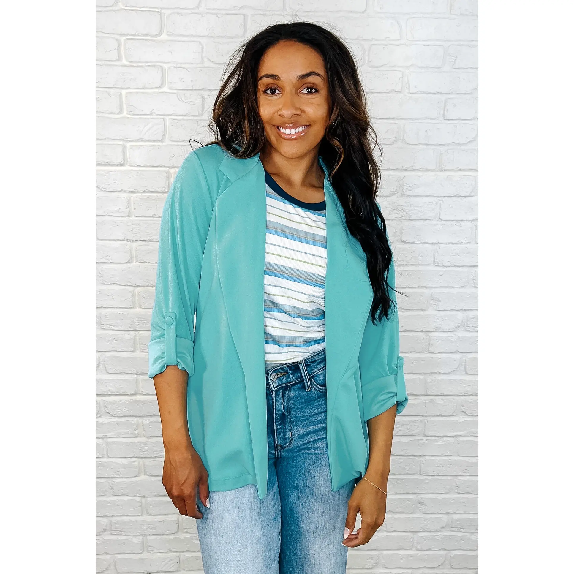 I'm Really That Gal Open Front Blazer in Aqua
