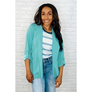 I'm Really That Gal Open Front Blazer in Aqua