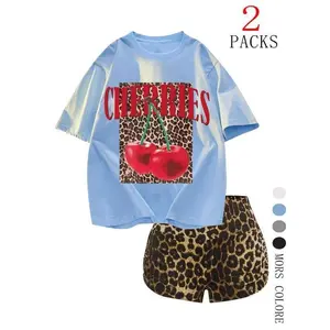 Women's Cherries Print Short Sleeve T-shirt & Leopard Print Shorts Two-piece Set, Casual Round Neck Tee & Skinny Shorts, Ladies Clothes for Daily Wear, Suits