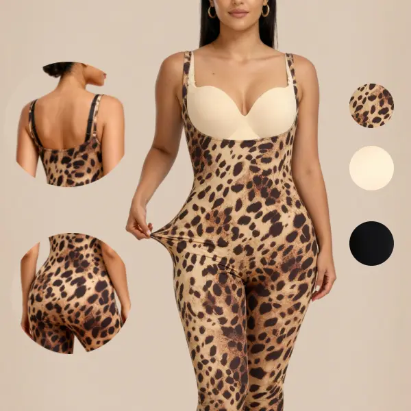 ChicCurve Leopard Seamless Body Legging Cool & Light with Mid-High Waist Shaper for Easy Comfortable Firming Women's Open Bust Full Bodysuit for Summer