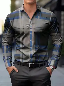 Men's Plaid Button-Down Shirt, Long Sleeve Casual Workwear, Suitable for Travel, Leisure & Professional Wear Cs215 Blue Color