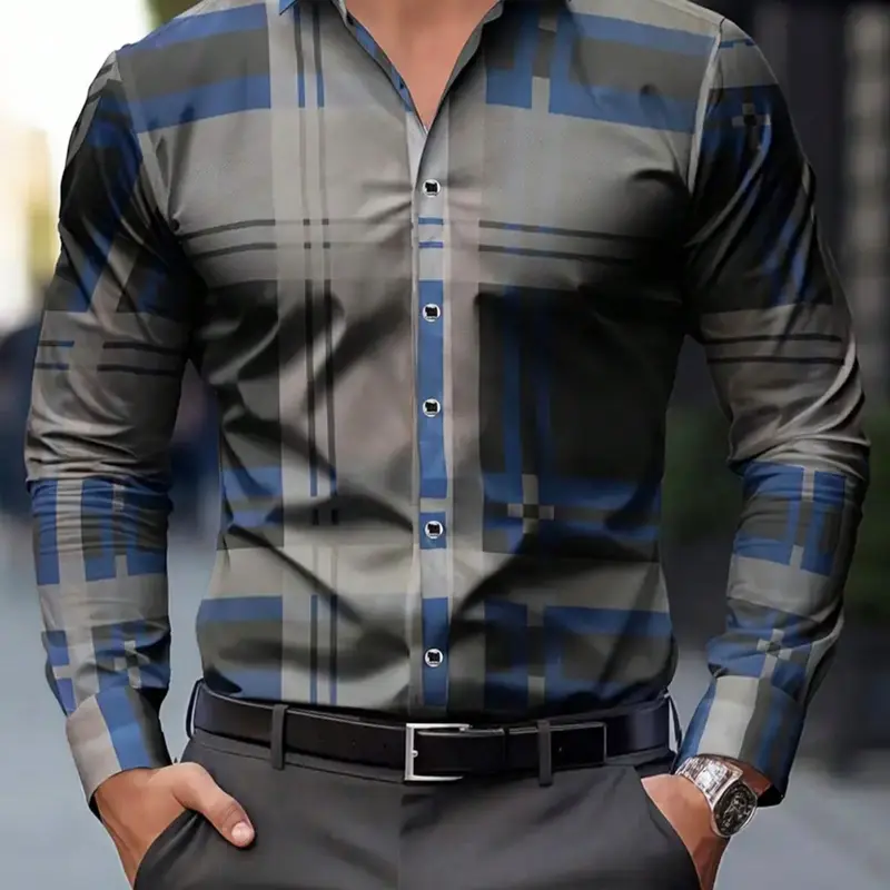 Men's Classic Plaid Button Front Collared Button-Down Shirt, Collared Shirts, Long Sleeve Fitted Casual Fashion Stylish Workwear, Suitable for Travel, Leisure & Professional Wear Cs215 Blue Color Menswear