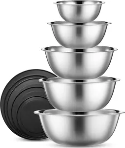 10 Piece Stainless Steel Mixing Bowl Set with Lids, Dishwasher Safe Mixing Bowls for Food Prep Storage and Serving, Perfect for Kitchen Baking Cooking, Silver