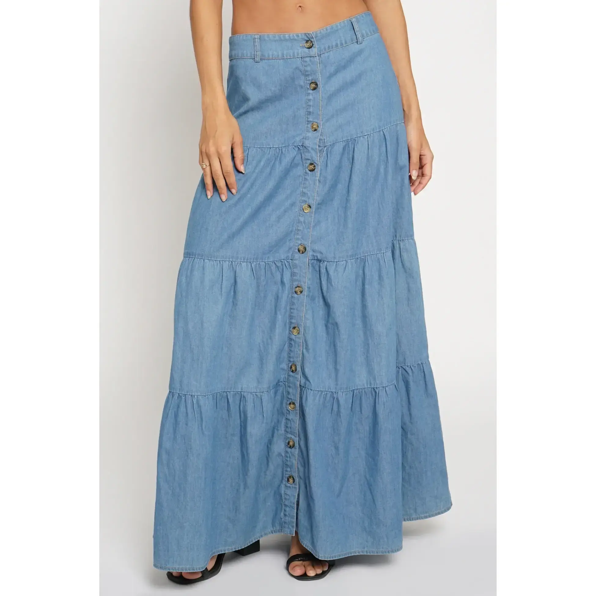 Women's Chambray Tiered Button-Front Maxi Skirt - Style OSS304