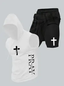 Men's 2 Piece Faith Activewear Set: Hooded Tank Top + 2-in-1 Gym Shorts | Quick-Dry Breathable Workout Outfit, Workout Sportswear for Bodybuilding, Training, Casual Streetwear | Christian Cross Graphic, "Pray Through It" Motto | Stretchy Compression