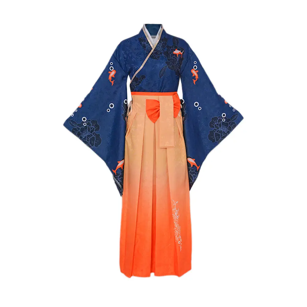 Watson Amelia Blue Orange Goldfish Kimono Cosplay Costume Set with Skirt Waistband Bow for Comic Con