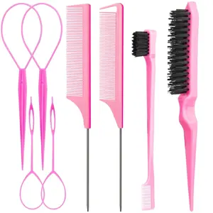 25 Piece Hair Styling Set -5 Slick Back Hair Brushes,10 Topsy hair Tail Tools,5 Rat Tail Combs,5 Edge/Bristle Brushes,Hair Accessories for Women,Girls, Kids,Toddlers Sleek Ponytail/Bun (Pink)