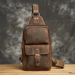 1pc Men's Vintage Genuine Leather Chest Bag - Casual Retro Crossbody Sling Bag with Zipper Closure, Adjustable Strap & Multiple Compartments for Daily Commute & Essentials, Small Crossbody Bag, Handsfree Carry, Timeless Accessory, Durable C