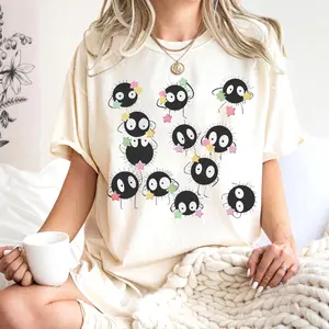 Gildan Men's Soft Cotton Lightweight Round Neck Shortsleeve Garments - Dust Sprite Anime Graphic T-Shirt, Cute Black Creature Print, Vintage Fabric, Horse-Inspired Accent, Everyday Fashion Casual Streetwear for Anime Fans (Suitable for Women)