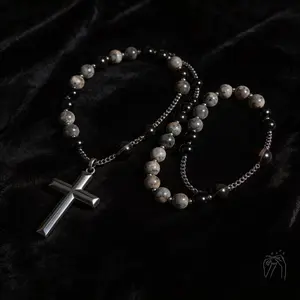 GleamJoy S Natural Obsidian Yooperlite Rosary Necklace UV Reactive Protection Necklace Hematite Stone Cross Pendant Necklace Gift for her, gift for him