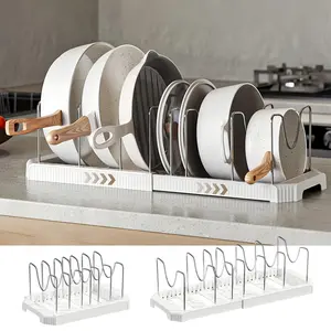Expandable Pot and Pan Organizer Rack for Kitchen Cabinet or Under Sink, Adjustable Lid Holder with 8 Dividers, Space-Saving Storage for Renters, Small Homes, and Busy Cooks, White