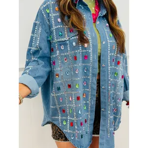 Denim Multi Crystal & Rhinestone Shacket (One Size)