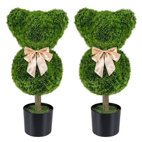 COSTWAY 2 Pcs Teddy Bear Topiary Trees, Sun-Resistant Faux Boxwood Bush with Bowknot & Ears, Decorative Animal Shaped Shrubs for Indoor Outdoor, Porch, Patio, Entryway