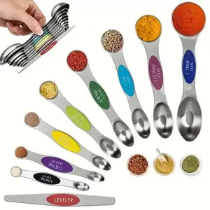 Magnetic Stackable Stainless Steel Measuring Spoons Set, Dual Head Graduated Spoon, 9 Piece Set for Dry and Liquid Measurement