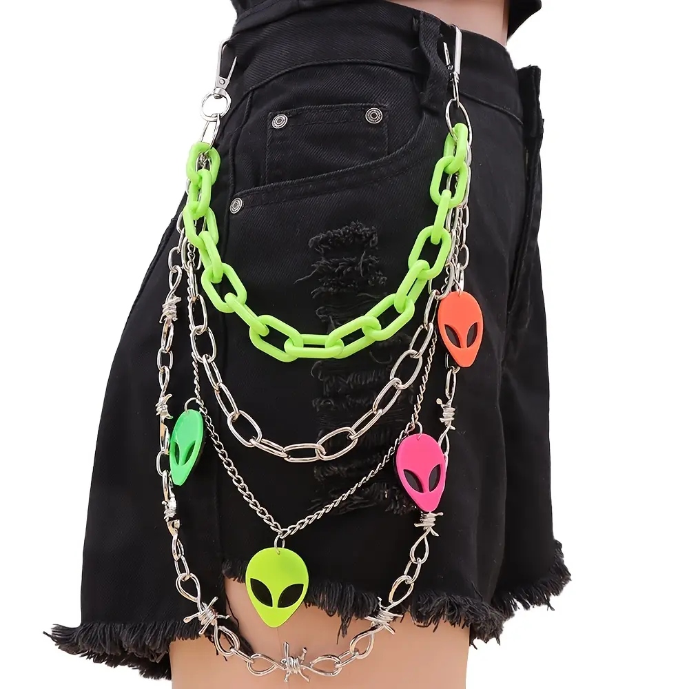 Fluorescent Plastic Chain Alien Pendant Waist Decoration Women Punk Metal Spike Pants Chain
