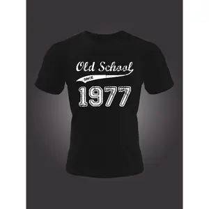 Men'S "Old School Since 1977" Graphic T-Shirt - Royal Blue, Casual Summer Tee with Geometric Design, Breathable Polyester Blend, Round Neck, Short Sleeve, Machine Washable, Casual Attire| Vintage Style Tee| Stretch Fabric
