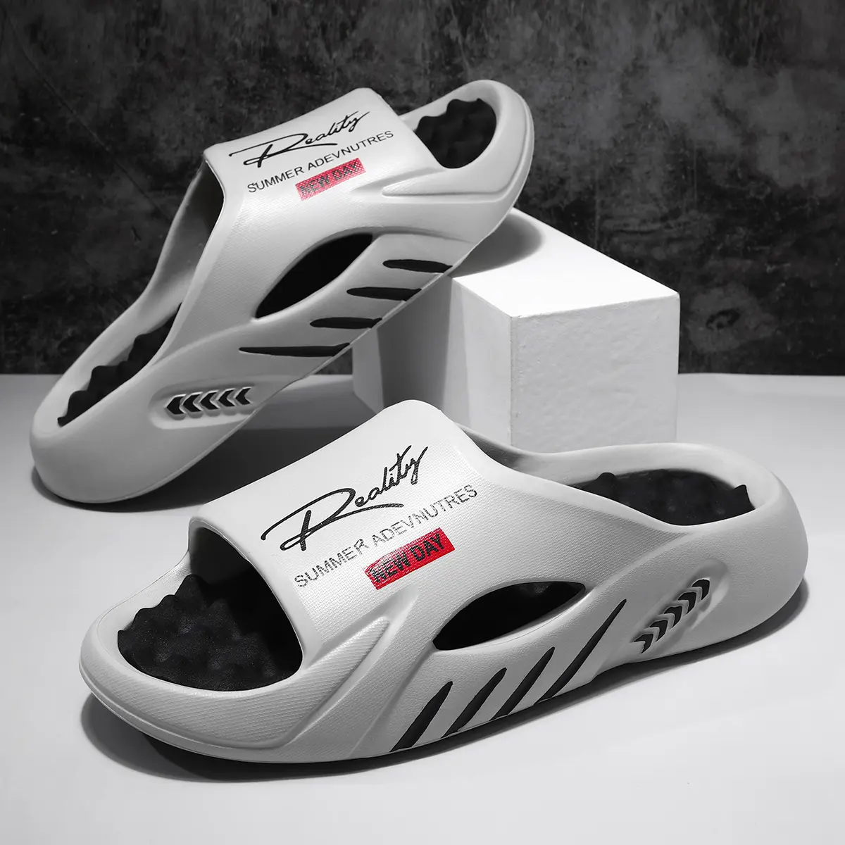 Men’s Summer Slide Sandals, 3D Massage Footbed Slippers with Breathable Side Vents, Lightweight Cushioned Comfort, Slip-On Non-Slip Slides for Beach, Pool, Shower, Home & Casual Walking