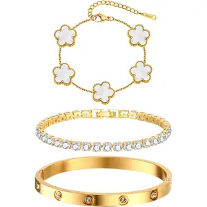 Elegant 3-Piece Women's Stackable Floral Gold Bracelets Set - 18K Gold Plated Stainless Steel Bangles, Non-Tarnish Trendy Jewelry, Perfect Christmas, Valentine's, Birthday Gifts for Girlfriend MPRAINBOW