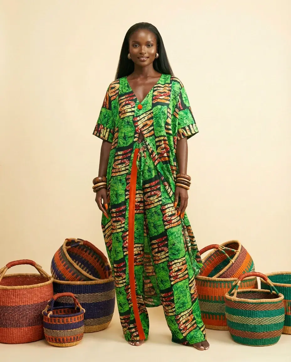 Anwala Ankara Silk Set: Aso-Oke Stripe Trousers & Kimono Top
