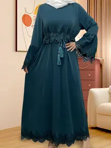 Women's Plain Lace Trim Dress, Modest Casual Long Sleeve Dress for Daily Wear, Modesty Muslim Clothing, Ladies Clothes for All Seasons