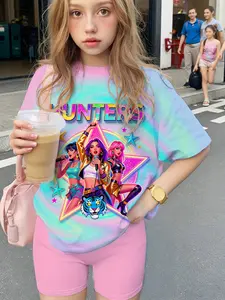 Girls Kpop Series Psychedelic Theme Short Sleeve Shorts Set, Rainbow Dye Rock Girl Group Tiger Pattern, Casual Daily Wear