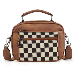 Women's PU Leather Checkerboard Colorblock Crossbody Bag - Waterproof, Zipper-Closure, High-Quality, Fashionable, Versatile for Daily Commuting, Mother's Day Gift Idea