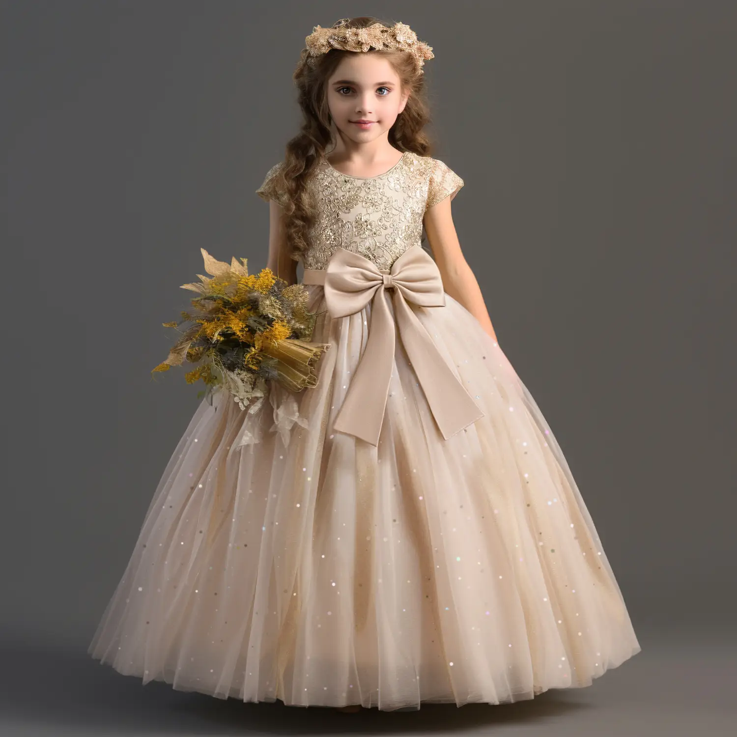 Teen Girls Princess Bridesmaid Embroidery Sequin Wedding Dress Chistmas Party Flower Kids Birthday Big Bow Long Prom Gowns 4 6 8 10 Y