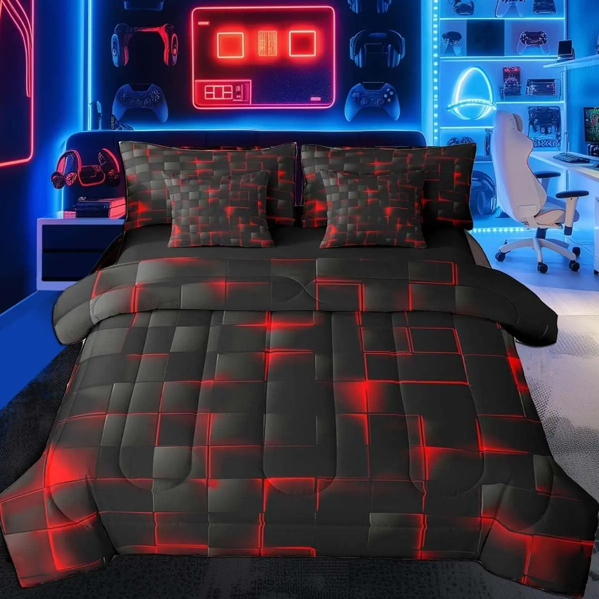 Red and Black Comforter Set with Sheets 7 Piece Light Geometric Bed in a BagBedding Set Modern Style Bed Set with Comforter,Sheets,Pillowcases