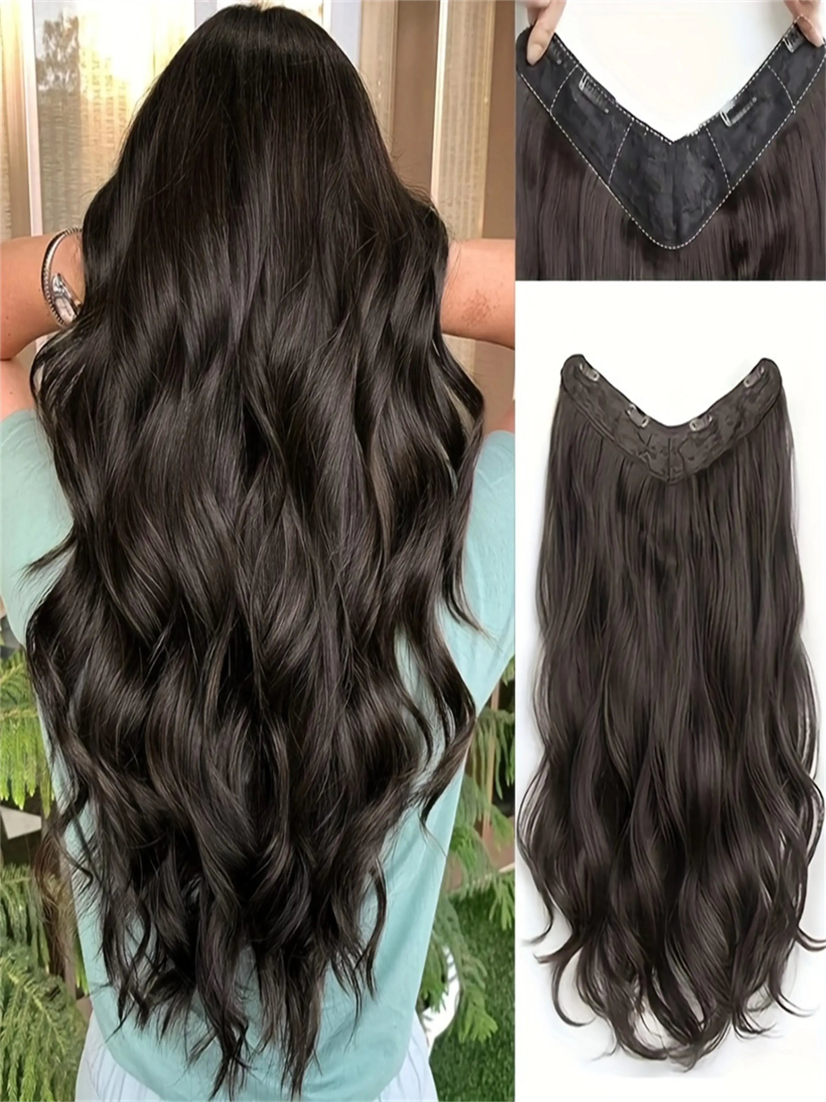 20 Inch Invisible Hair Extension, Wavy Curly Boho Curls Long Synthetic Hairpieces for Fluffy Half Head Cover, V-Shaped Clip in Hair Extensions, Curly Wave Extensions