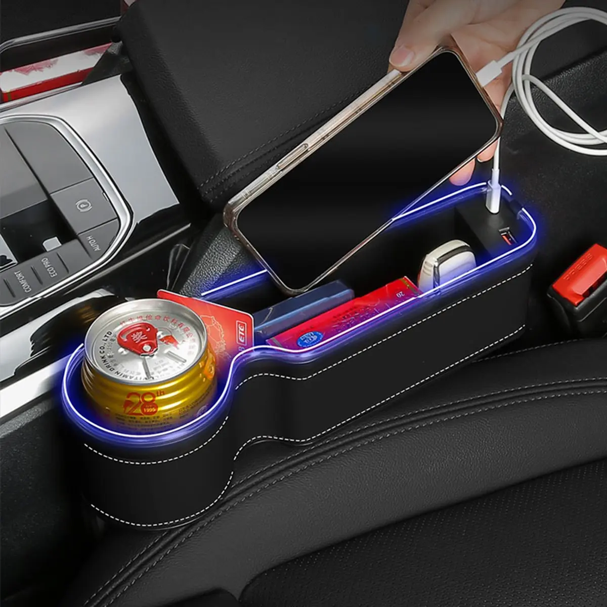 Car Seat Gap Organizer with LED Atmosphere Light, USB Fast Charging Car Seat Storage Box with Cup Holder, Multifunctional Console Side Pocket for Driver & Passenger, Car Interior Storage