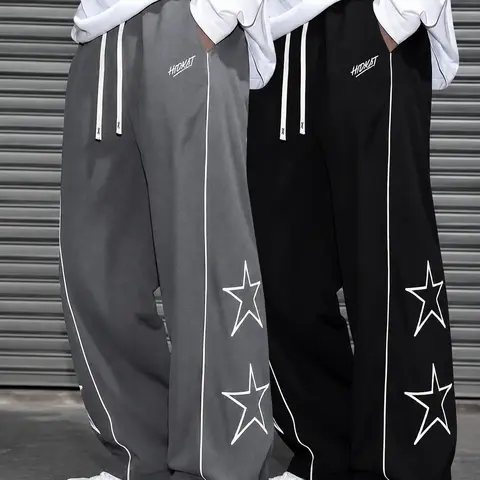Men's Loose-Fit Stripe+Star Embroidered Sweatpants - 1/2 Pack Lightweight Breathable Track Pants with Letter Detail, Unisex Y2K Fashion Athletic Joggers for Casual Streetwear, Workout, Sweatpants for Women